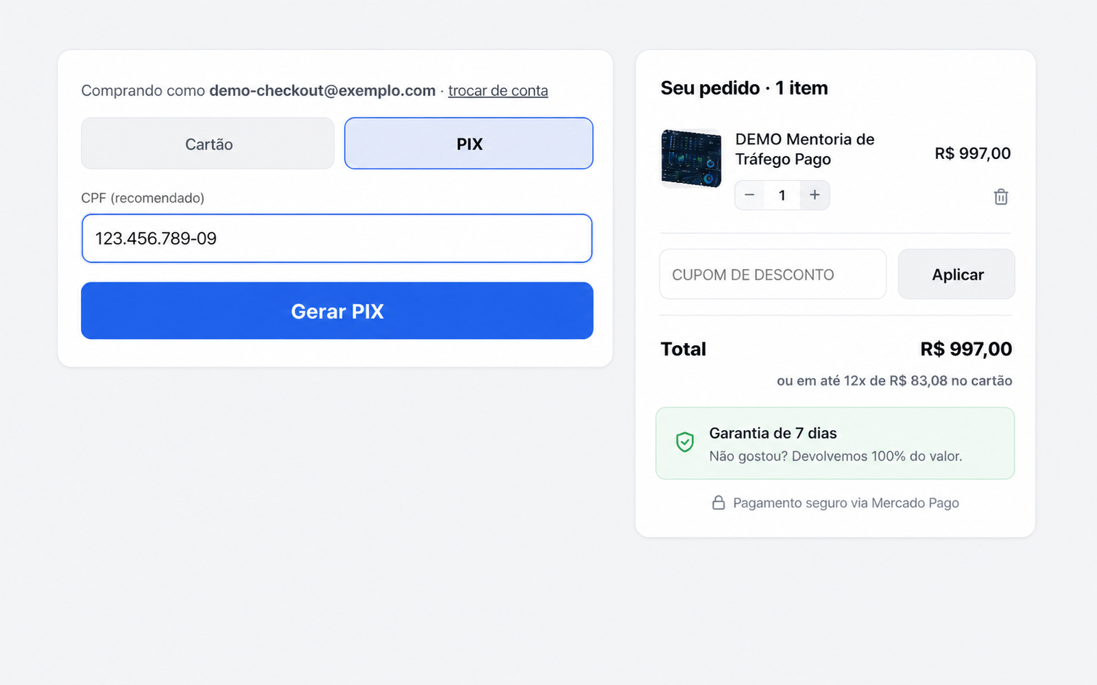 Checkout no cartão e PIX na sua página