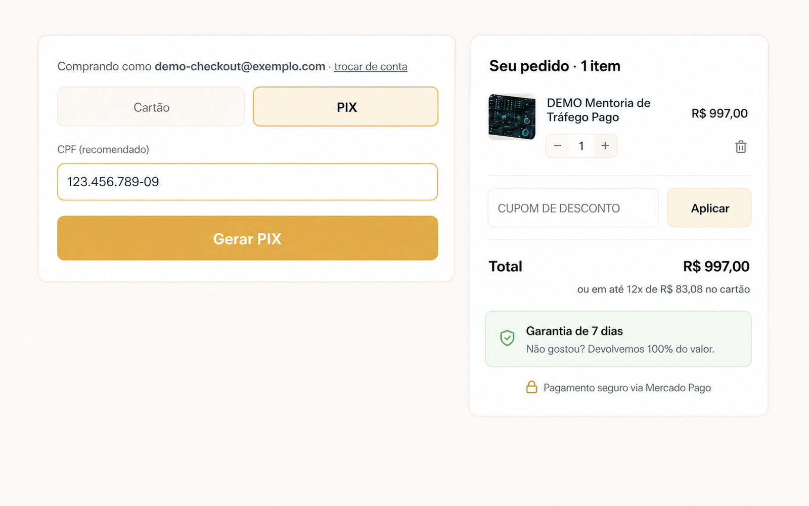 Checkout no cartão e PIX na sua página