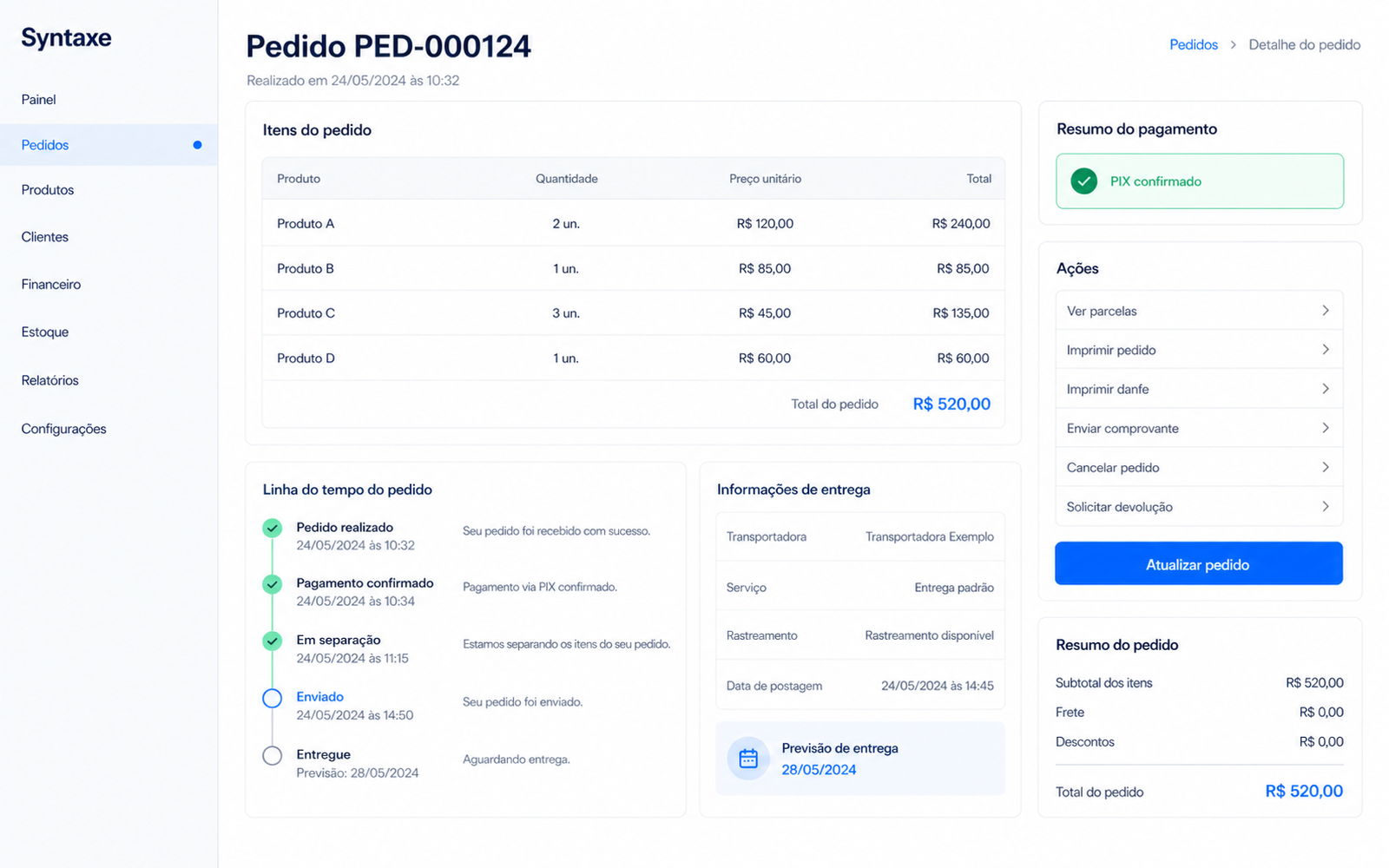Tudo do pedido numa ficha, sem procurar