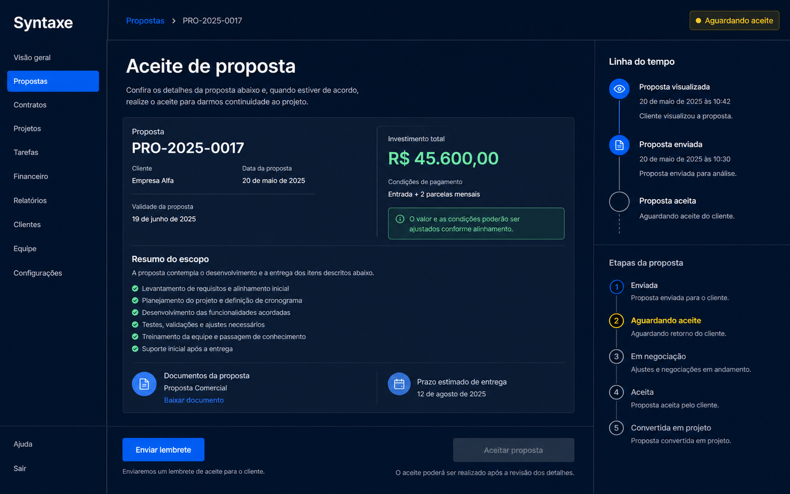 O cliente aceita e o pagamento já entra junto