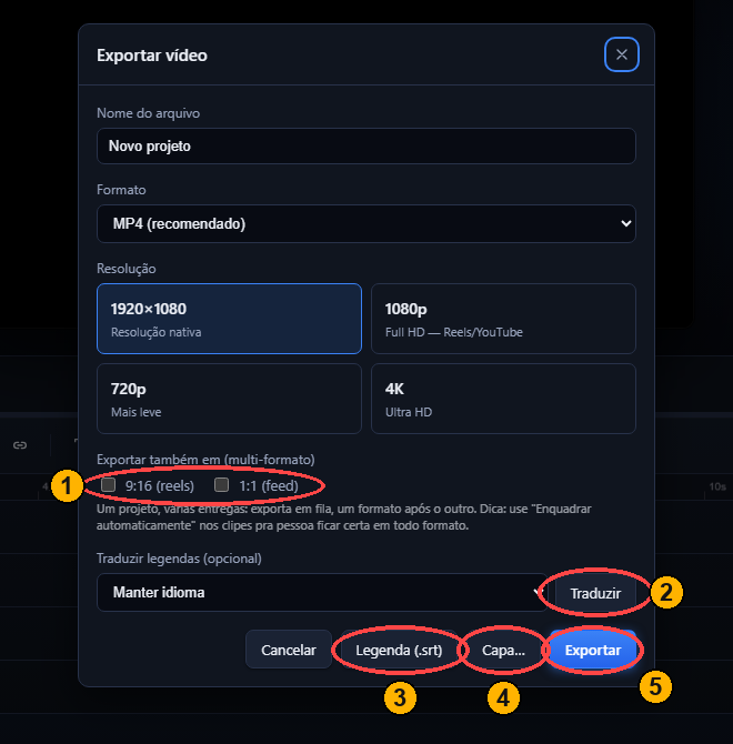Exporte o vídeo, a legenda e a capa a partir do mesmo projeto